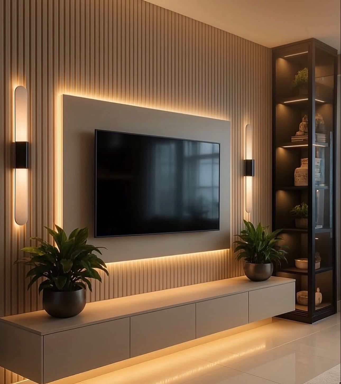 Krem lambri duvar paneli TV ünitesi arkası modern salon uygulaması