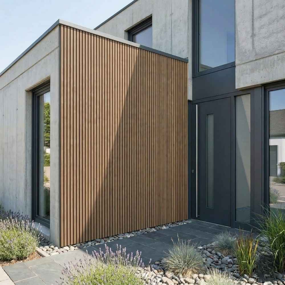 Açık meşe renk PVC dış cephe kaplama paneli modern bina cephesinde uygulanmış görünüm